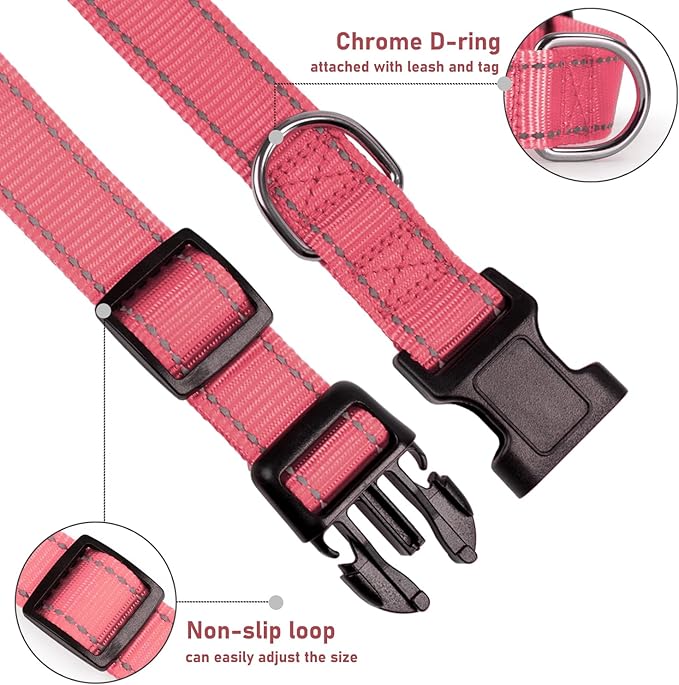 Reflective Dog Collar with Buckle Adjustable Safety Nylon Collars for Small Medium Large Dogs, Light Pink M