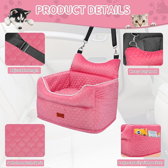 Dog Car Seat - Memory Foam Dog Booster Seat for Small Dogs Up to 25lbs-Elevated Pet Car Seat with Storage Pockets and Dog Seat Belt-Soft Pet Travel Bed for Front & Back Seats-Removable Washable-Pink