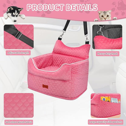 Dog Car Seat - Memory Foam Dog Booster Seat for Small Dogs Up to 25lbs-Elevated Pet Car Seat with Storage Pockets and Dog Seat Belt-Soft Pet Travel Bed for Front & Back Seats-Removable Washable-Pink