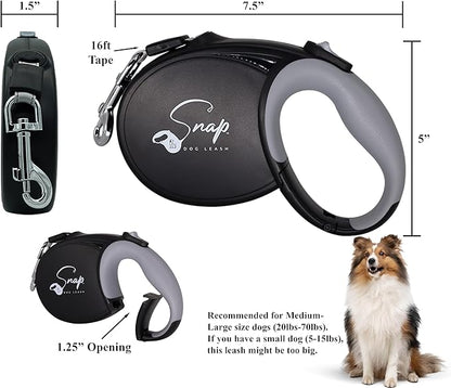 Snap Retractable Dog Leash with Built-in Clip, Hands-Free Connection, Reflective 16-ft Tape, Brake and Lock, Tangle-Free, for Medium and Large Dogs