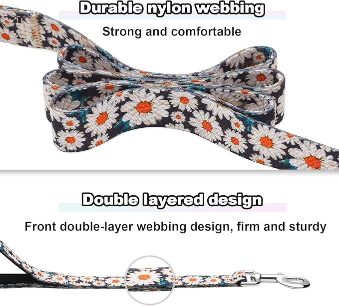 5ft Dog Leash with Two Padded Handles, Heavy Duty Strong Nylon Pet Leash with Soft Neoprene Handle for Small Medium Large Dogs, Daisy