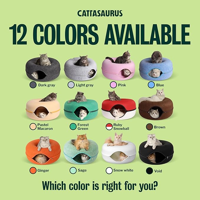 Cattasaurus Peekaboo Cat Cave Donut for Multiple & Large Cats up to 30-45 lbs, 3-in-1 Self Warming Cat Bed, Tunnel & Scratcher for Indoor Cats, Washable & Detachable Small Dog Bed (Sage Mist, Large)