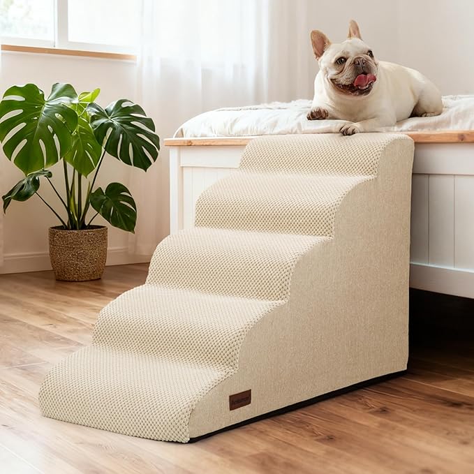 Dog Stairs for Bed 22.4”H,5-Step Dog Ramp for Small Dogs & Cats,Pet Steps for Dogs to get on High Bed, Indoor Anti-Slip Pet Stairs for Old Cats and Puppy,Beige