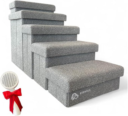 5-Step Dog Stairs for Small, Medium Dogs with Storage Box - Durable Folding Pet Steps, Padded Lid and Container; Dog Steps for Bed and Couch + Hair Brush Gift (Light Grey, Large, 5.0.)