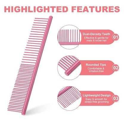 Dog Cat Comb, Pet Combs Stainless Steel Teeth with Rounded Ends for Knot Mat Loose Hair Removal, 6.5IN (Pink Coated, 3 Pack), Grooming Tool Intended for Long Curly Hair Pet