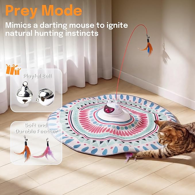 3 in 1 Automatic Interactive Cat Toy with Laser & Fluttering Feather, Rechargeable USB Laser Pointer Cat Toys for Indoor Cats, 360° Motion-Activated Hide and Seek Wand for Kittens & All Breeds