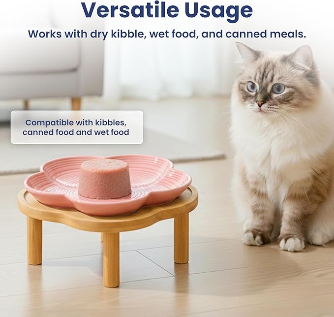 PawsPik Flower Ceramic Cat Feeding Plate with Raised Bamboo Stand, Elevated Whisker-Friendly Pet Bowl, Anti-Slip Stable Design, Dishwasher Safe (Pink)