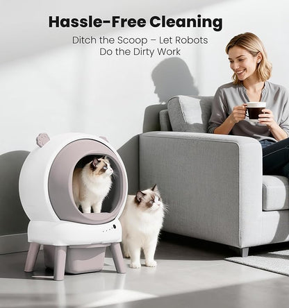 Self Cleaning Litter Box for Multiple Cats, Automatic Litter Box with APP Real-Time Monitor, Dual Safety Protection, Odor-Free Waste Disposal Includes Trash Bags, Pink