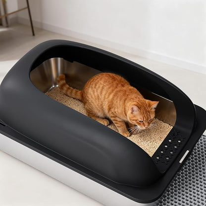 OLIXIS Stainless Steel Cat Litter Box with Lid, Large Cat Litter Box for Big Cats, High Wall Sides, Anti-Urine Leakage, Easy Cleaning, Scoop and Mat Included, Black