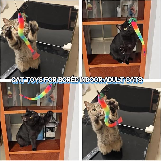 Interactive Cat Wand Toy Set - 4 Pack Entry Level with Bouncy Balls, Worm Teasers & Rainbow Bug Attachments for Indoor Cats & Kittens
