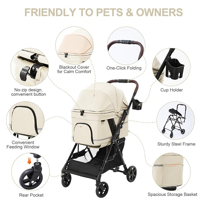 NO-Zip Pet Stroller for Small Dogs & Cats, Lightweight Dog Stroller with Reflective Safety Strips, One-Hand Fold, Claw-Proof Mesh, Breathable Travel Carriage, 33lbs Capacity, White