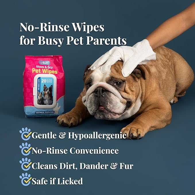 Glove & Go Grooming Wipes for Dogs & Cats - Paraben Free, Alcohol Free, Lick-Safe, Hypoallergenic, Oatmeal Scented Dog Wipes for Paws and Butt, Puppy Wipes (20 Count)