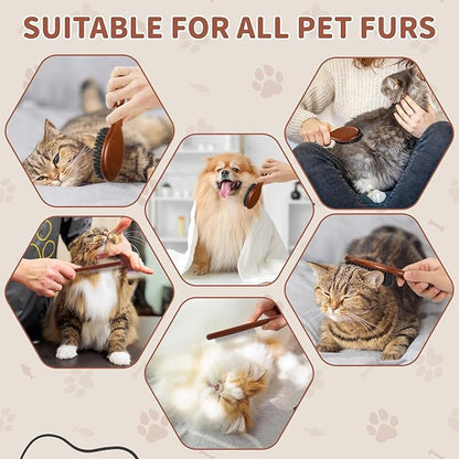 Wooden Cat Brush and Comb, Cat Hair Brush with Nautral Boar Bristle for Reduce Shedding and Keep Healty Shine, Daily Pet Grooming Tool for Dogs & Cats