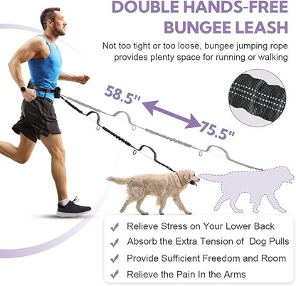 Hands Free Dog Leash, Shcok Abosoring Bungee with Double Padded Handles, Waist Leash for Dog Walking, with Bungee for Medium & Large Dog, Black Purple