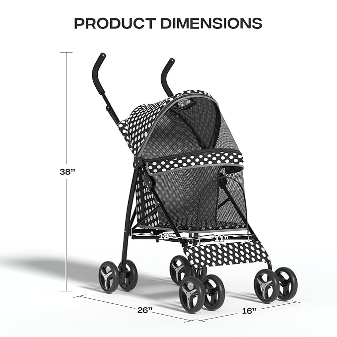 Pet Stroller for Small Dogs & Cats - 10-22lbs, Rear Storage, Black Polka Dots