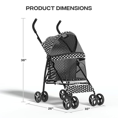 Pet Stroller for Small Dogs & Cats - 10-22lbs, Rear Storage, Black Polka Dots