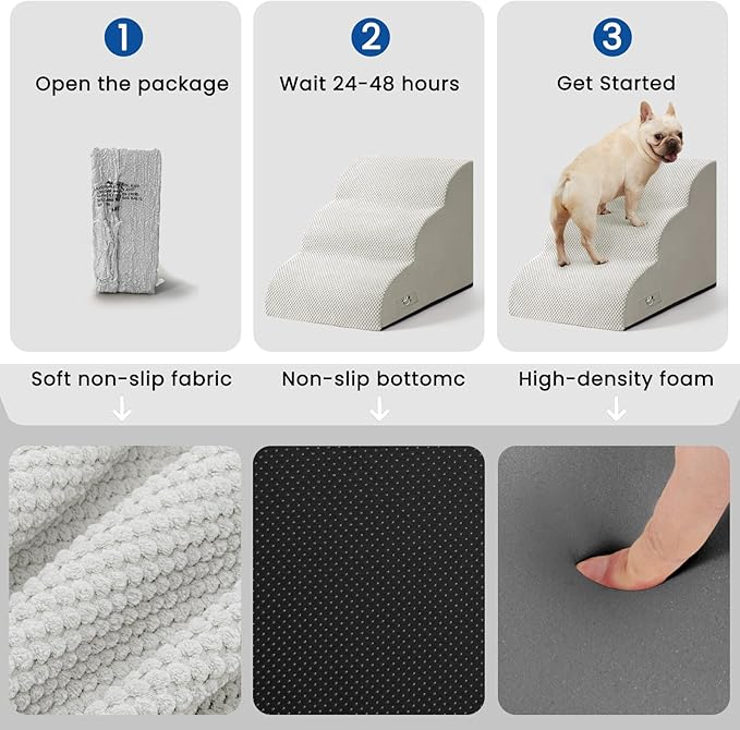 Dog Stairs for Small Dogs and Cats – 3 Step Pet Ramp for Couch & Sofa, Non-Slip Dog Steps for Pets, Washable Cover, High-Density Support Foam for Easy Climbing,Light Grey
