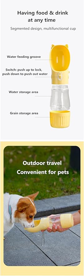 Dog Travel Water Bottle with Food Container – 2-in-1 Portable Pet Water Dispenser, Leak-Proof Dog Water Bottle with Bowl & Lanyard, 250ml/180g Capacity, Yellow