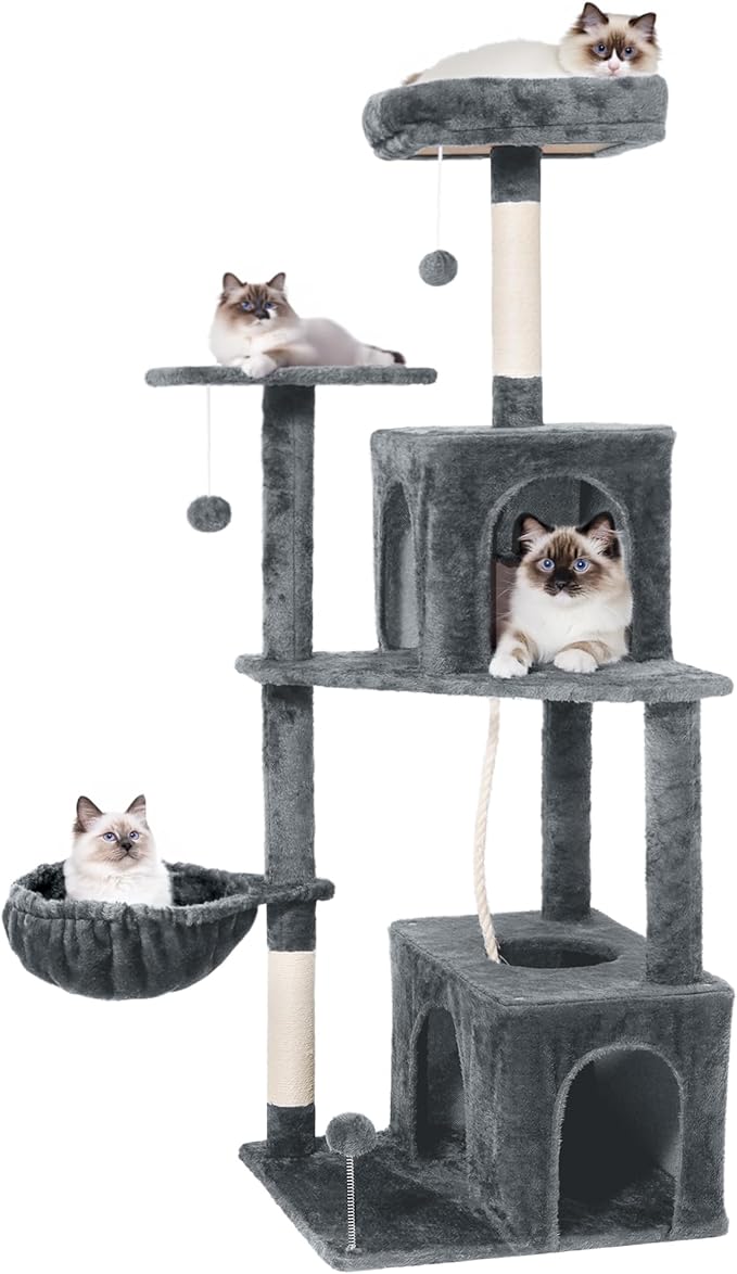 54 Inch Multi-Level Cat Tree Tower with Hammock, Condos & Scratching Posts, Large Cat Furniture for Indoor Cats with Pompoms, Dark Grey