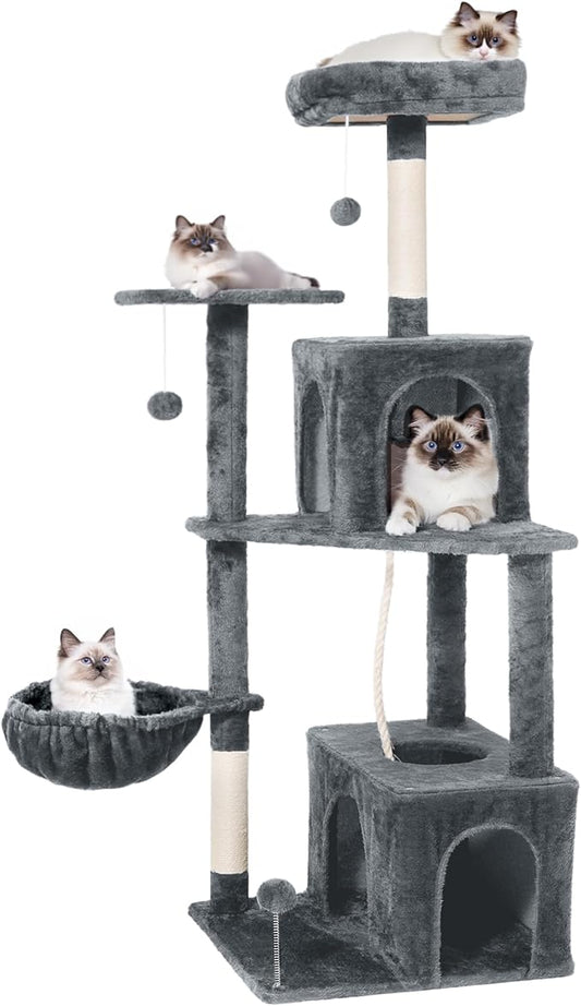 54 Inch Multi-Level Cat Tree Tower with Hammock, Condos & Scratching Posts, Large Cat Furniture for Indoor Cats with Pompoms, Dark Grey