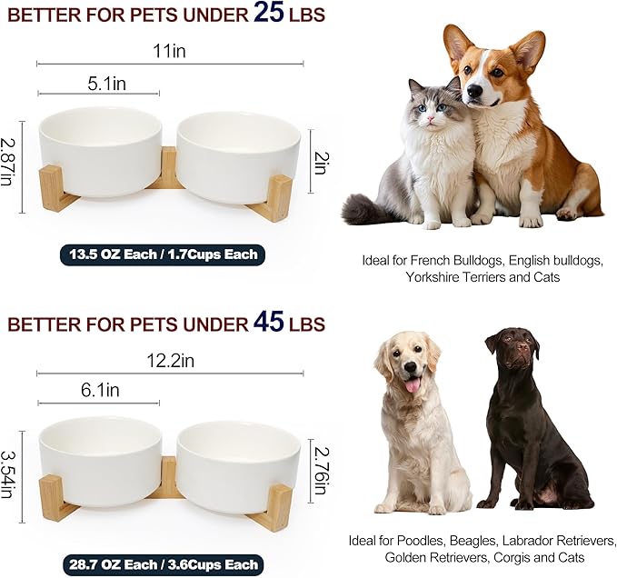 Dog Food Bowl, 28.7 oz Ceramic Modern Design, Dog Water and Food Bowl with Wood Stand, for Puppy & Cat, Non-Slip Feeding Station with Weighted Base, White