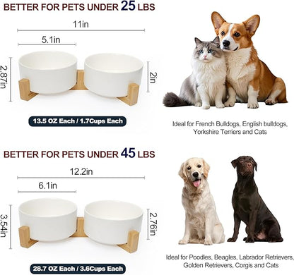 Dog Food Bowl, 28.7 oz Ceramic Modern Design, Dog Water and Food Bowl with Wood Stand, for Puppy & Cat, Non-Slip Feeding Station with Weighted Base, White
