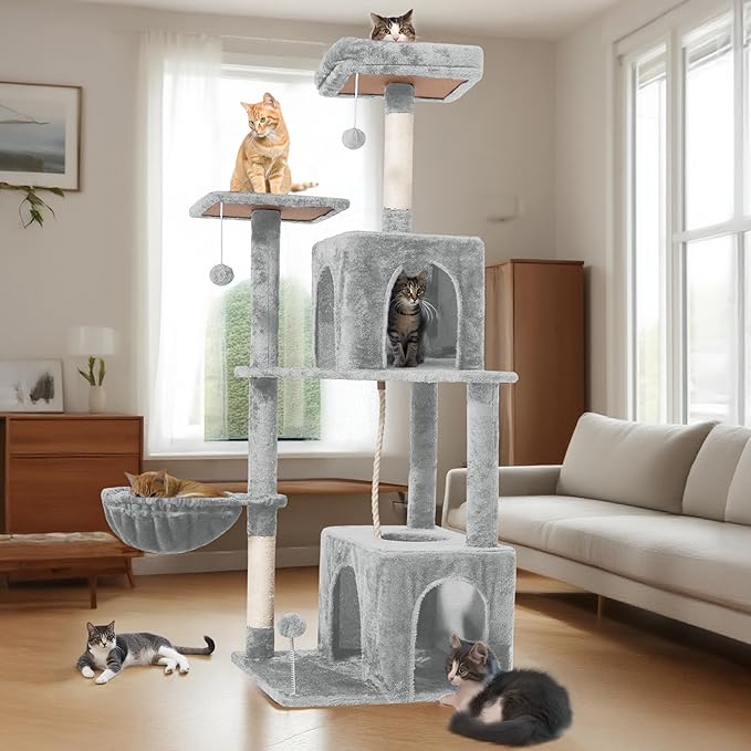 54 Inch Multi-Level Cat Tree Tower with Hammock, Condos & Scratching Posts, Large Cat Furniture for Indoor Cats with Pompoms, Light Grey