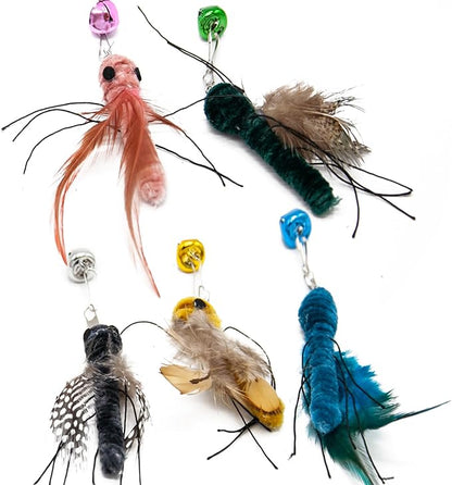 Cat Insect Replacements for Wand Toy, Bugs Refills with Bells, Feather Wand Attachments for Teaser, Suction Cup Toys, Ideal for Indoor Cat Enrichment & Hunting Instincts (5 PCS)