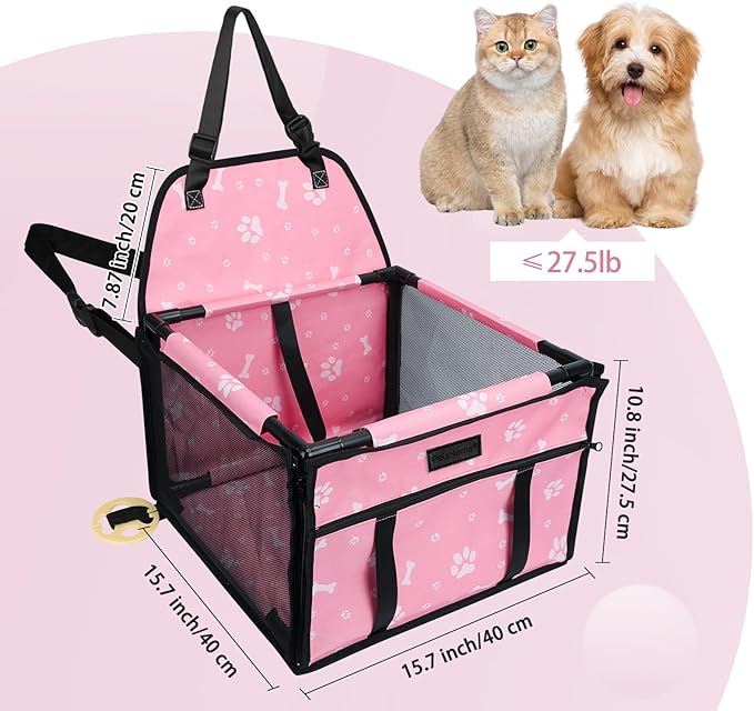 PetsHome Dog Car Seat Foldable Dog Car Booster Seat Waterproof Breathable Oxford Travel Bag for Small to Medium Dogs, Puppies, and Pets-Pattern Pink-Upgrade