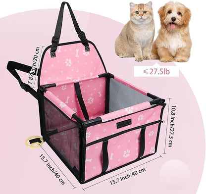 PetsHome Dog Car Seat Foldable Dog Car Booster Seat Waterproof Breathable Oxford Travel Bag for Small to Medium Dogs, Puppies, and Pets-Pattern Pink-Upgrade