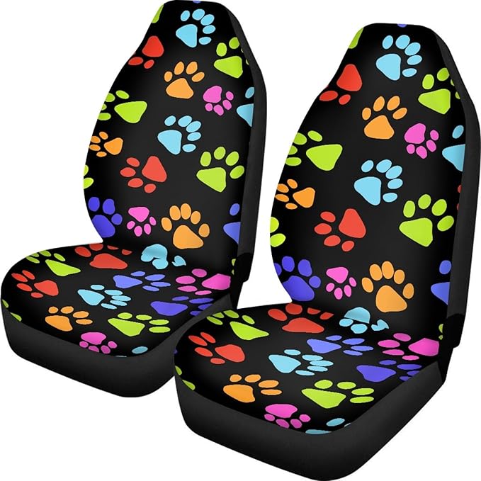 Dreaweet Cute Colorful Puppies Dog Paw Print Seat Covers for Cars Auto Car Accessories for Women Funny Front Seat Cover for Truck Sedan SUV Gift