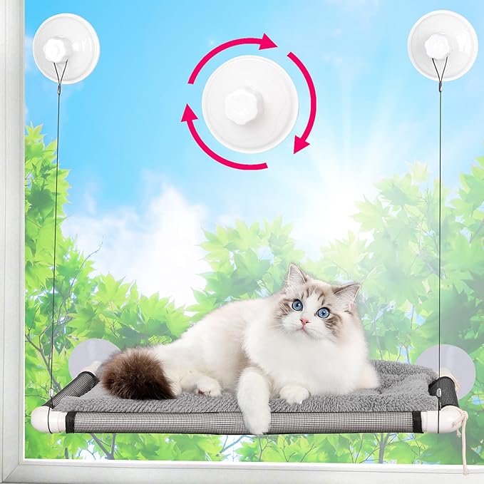 ZALALOVA Cat Window Perch Seat Large Sturdy Cat Beds Fleece Blanket 2026 Latest Screw Suction Cups Resting with Blanket (Grey)