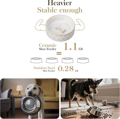 MALACASA Ceramic Dog Food Bowl, 1.5 Cups or 14oz Dog Food Water Dish for Small Breeds, Cats Pet Bowl Dishwasher & Microwave Safe, Five-Leaf Grass, Series Lydia