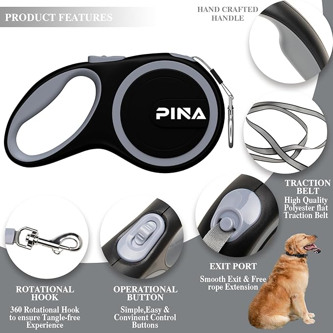 PINA Retractable Dog Leash, 16ft Dog Leash for Small Medium Dogs Up to 44lbs, 360° Tangle-Free Strong Reflective Nylon Tape, with Anti-Slip Handle, One-Handed Brake, Lock - Black Gray