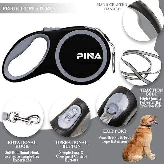 PINA Retractable Dog Leash, 16ft Dog Leash for Small Medium Dogs Up to 44lbs, 360° Tangle-Free Strong Reflective Nylon Tape, with Anti-Slip Handle, One-Handed Brake, Lock - Black Gray