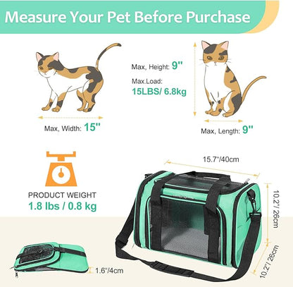 Discala Cat Dog Carrier Up to 15 Lbs TSA Airline Approved Pet Carrier for Small Medium Cats Puppies Dog Carriers for Small Dogs Collapsible Soft Sided Cat Travel Carrier - Green 15.7"x10.2"x10.2"