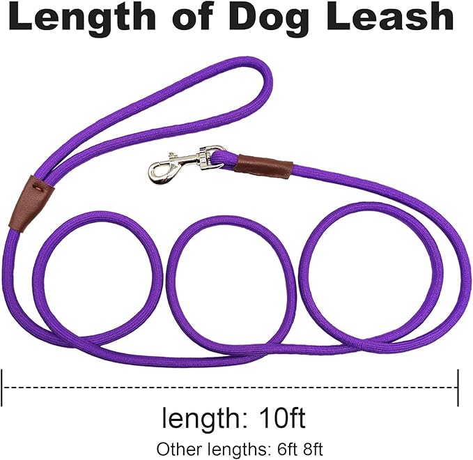 Small Dog Leash, 1/4" by 6/8/10 FT Lightweight Strong Nylon Rope Leash, Bright Classic Lead for Small Pets/Puppy/Cat (10ft, Purple)