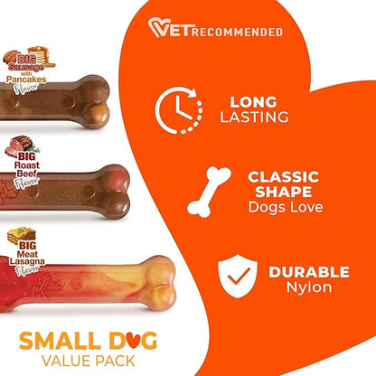 Nylabone Original Bone Power Chew Toy for Dogs, Durable Dog Toys for Aggressive Chewers, Flavor Frenzy Pancakes & Sausage, Roast Beef, & Lasagna, X-Small - Up to 15 lbs, 3 Pack