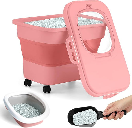 Juexica Collapsible Cat Litter Storage Bin Container with Rolling Casters, 20 Lbs Portable Cat Litter Storage Container with Airtight Lids, Shovel, Kitchen Cereal Rice Leakproof Sealable(Red)