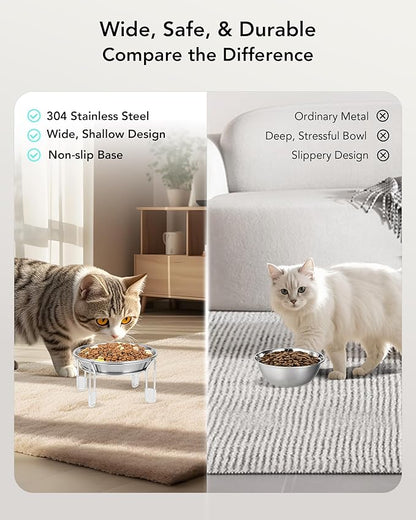 Upgrade Elevated cat Bowl, Raised Stainless Steel Cat Food and Water Dishes, Small Dog Bowl, Whisker Friendly, Anti-Vomiting, Neck Stress-Free, Non-Slip Stainless Steel Stand with 4 Legs- 2Pack