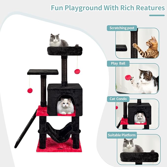 MIAO PAW Gothic Cut Cat Tree with Coffin Bed for Indoor Cats Cat Tower with Scratching Post Modern Activity House for Large Cats Condo with Board Kittens Cave Hammock Hanging Ball RED Black