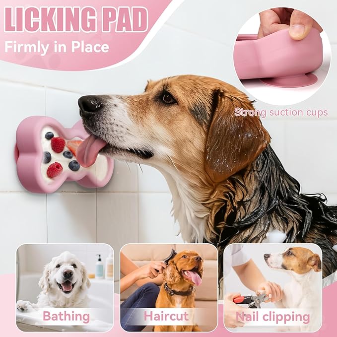 Lick Mat for Dogs, Animire Anti-Spilled Bow Tie Lick Bowls for Anxiety Relief, Silicone Slow Feeder Licking Pad with Suction Cups, Freezeable Dog Enrichment Toy for Boredom and Distraction(Pink,L)