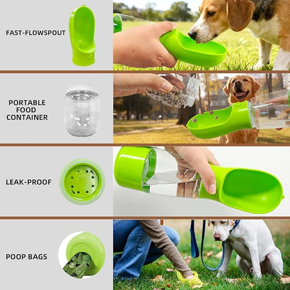 3-in-1 Dog Water Bottle Portable Leak Proof Pet Water Dispenser with Built-in Snack Storage & Waste Bag Holder 14oz for Outdoor Walking, Hiking Travel Green