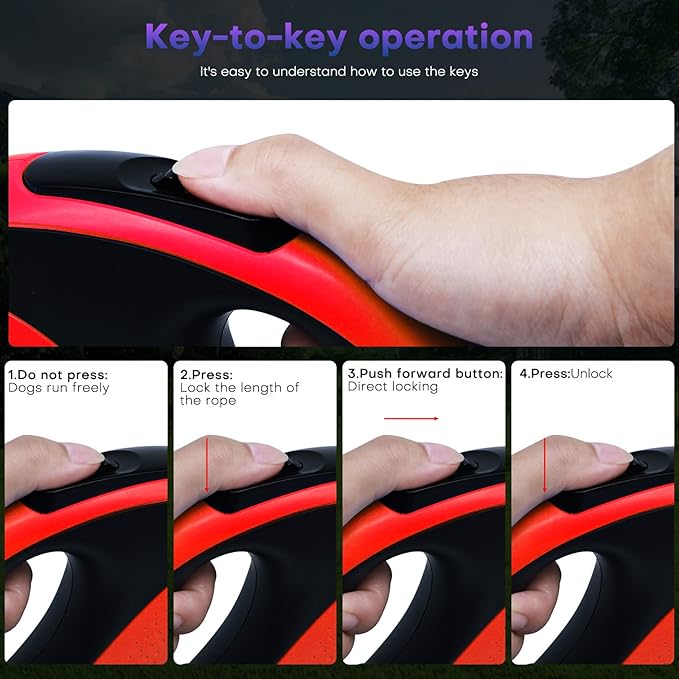Retractable Dog Leash with Chew Proof Cable, 26ft Heavy Duty Dog Leash for Medium Large Dogs up to 110lbs, Strong Nylon Strap that Won't Tangle,360° No Tangle, one-Hand Brake.(Red, 26Ft)
