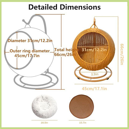Wicker Cat Swing Bed Pet Swing with Stand & Cushion & Hanging Ball for Indoor Outdoor Lightweight Hanging Pet Hammocks for Cat, Dogs, and Small Animals(Brown)