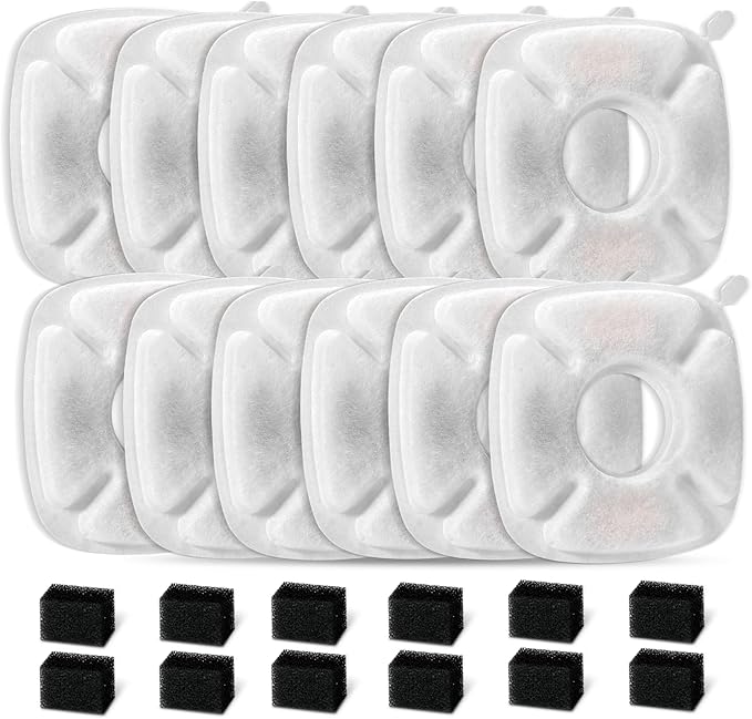 24 Pcs Water Fountain Replacement Filters：12 Pack Replacement Filters with 12 Pack Pre-Filter Sponges-Cat Fountain Filter Fit for 95oz/2.8L Automatic Pet Fountain Cat Water Fountain