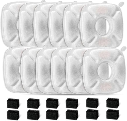 24 Pcs Water Fountain Replacement Filters：12 Pack Replacement Filters with 12 Pack Pre-Filter Sponges-Cat Fountain Filter Fit for 95oz/2.8L Automatic Pet Fountain Cat Water Fountain