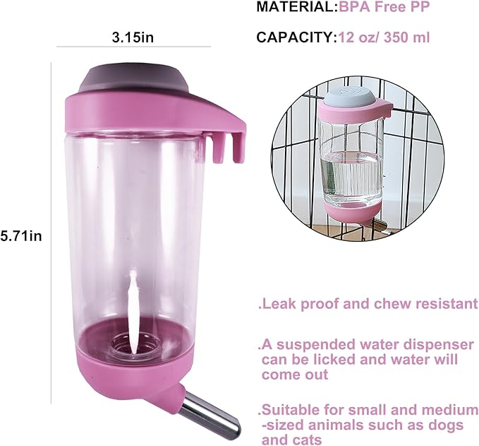 Dog Crate Water Bottle - 12 oz No Drip Kennel Pet Water Dispenser, Easy-to-Use Cage Water Bottle for Dogs, Cats, Small Animals, 350ML, Pink