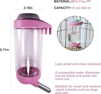 Dog Crate Water Bottle - 12 oz No Drip Kennel Pet Water Dispenser, Easy-to-Use Cage Water Bottle for Dogs, Cats, Small Animals, 350ML, Pink