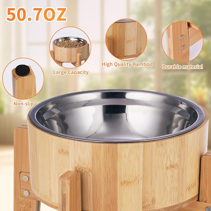 Elevated Dog Bowls for Large Dogs Feeder Two Bowls with a Stainless Steel and Bamboo Dishes，Raised Dog Bowl Stand with Non-Slip Feet，Ideal for Medium and Large Breeds， (13.5-inch High)